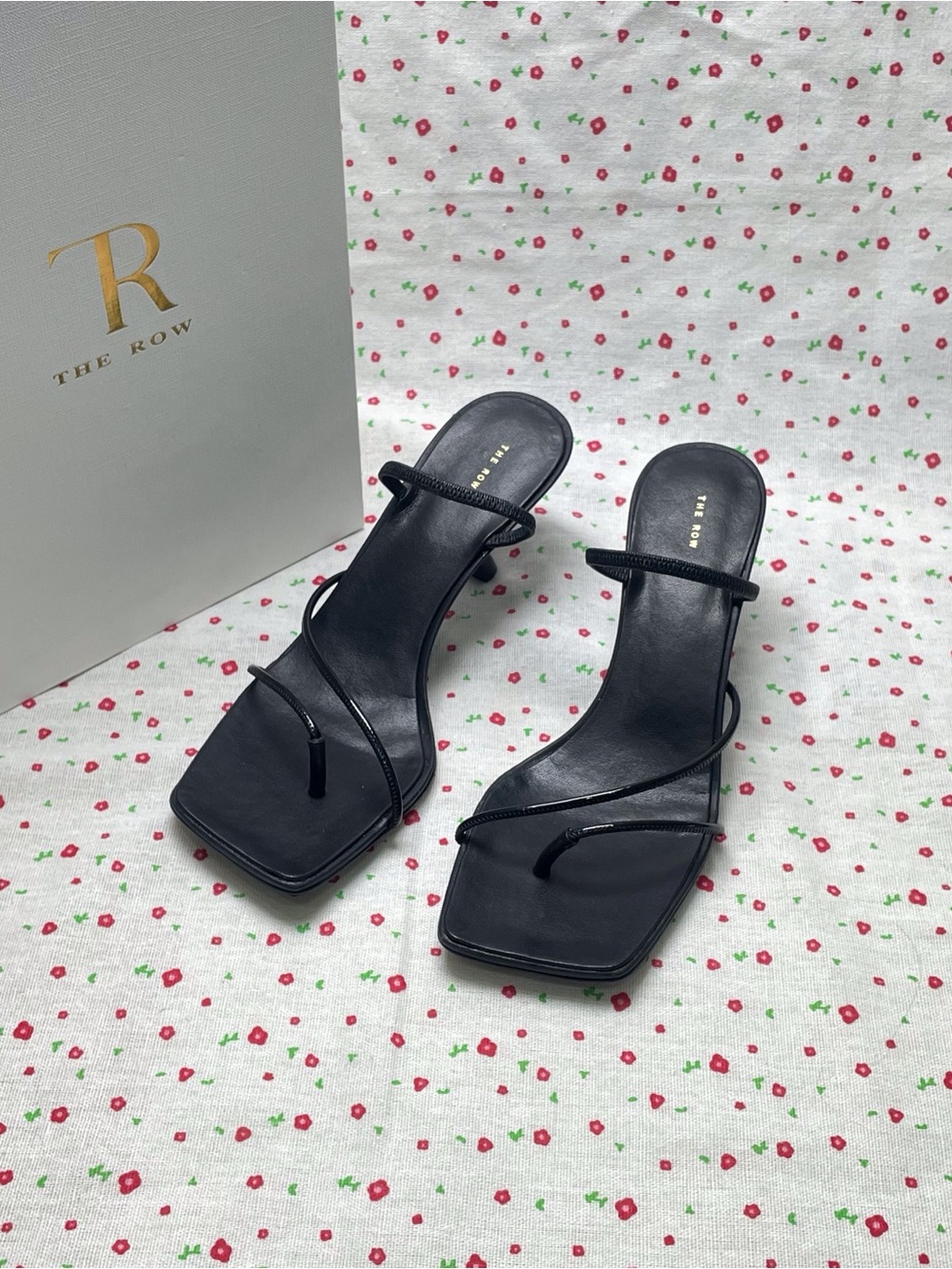 The Row Black Strappy Square-Toe Leather Heeled Sandals